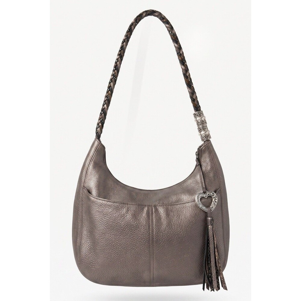 Brighton Pewter Gray Leather Ziptop Hobo Bag Braided Strap Heart Charm Tassel